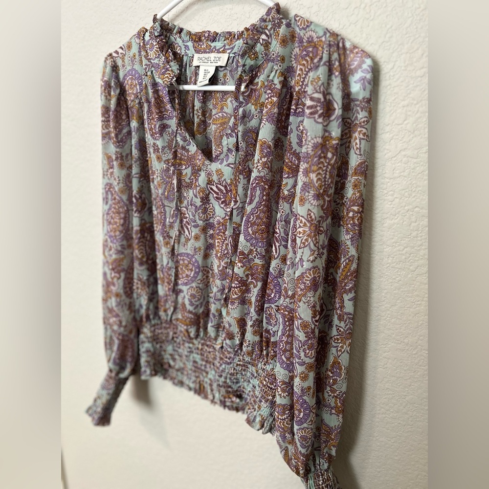 Rachel Zoe Paisley Boho Blouse Smocked Waist Long Sleeve Size Small - Picture 4 of 6